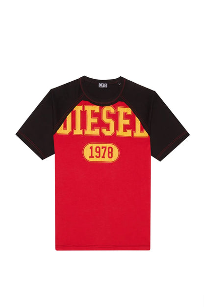Men's red and black crewneck T-shirt with large DIESEL 1978 graphic