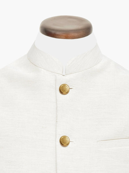 Beige stand-collar waistcoat with gold logo buttons and two-button placket
