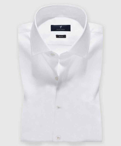 White slim-fit dress shirt, front view with buttoned closure and collar