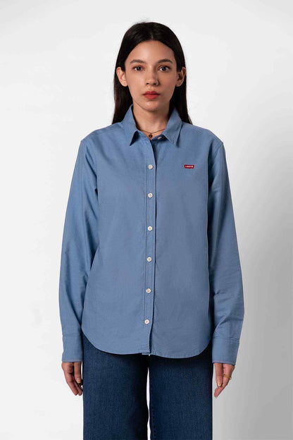 Levi's blue button-up shirt with chest logo, long sleeves, button front