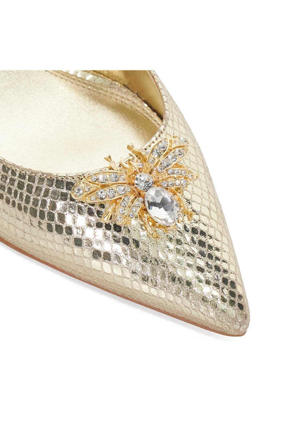 Gold textured pump upper with rhinestone floral and crystal gem detail