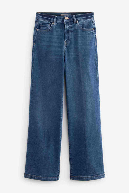 Dark blue wide-leg denim jeans, flat lay front view