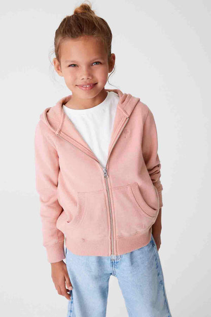 Pink kids zip-up hoodie with hood, front zipper, kangaroo pocket, and ribbed cuffs