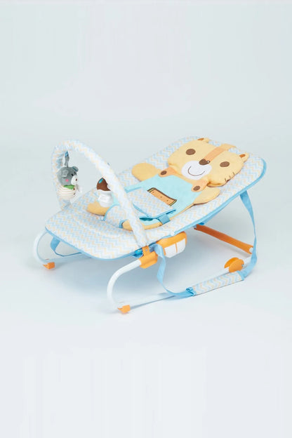 BABYSHOP light blue baby bouncer with animal toy bar and dangling straps