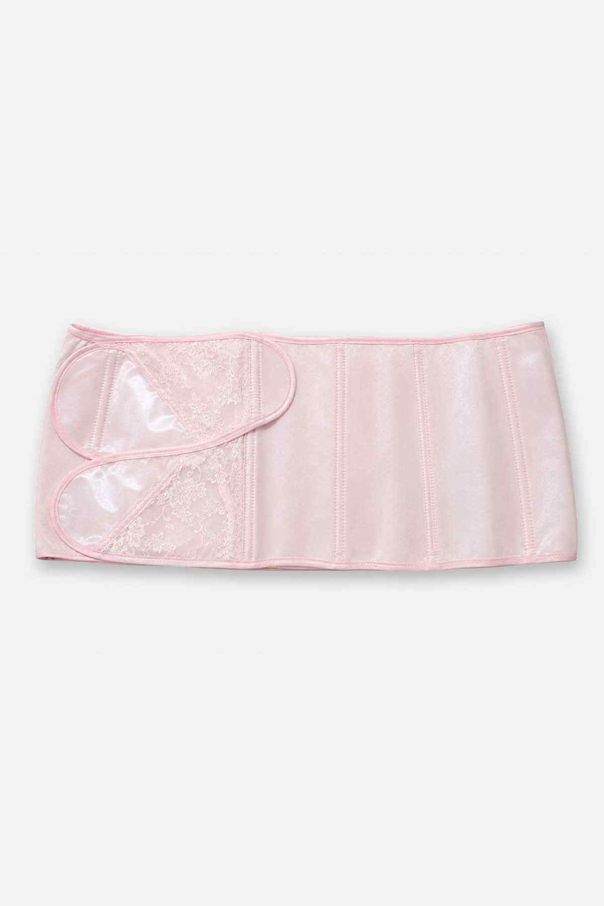 Pink satin bib apron with scalloped pocket opening and lace trim