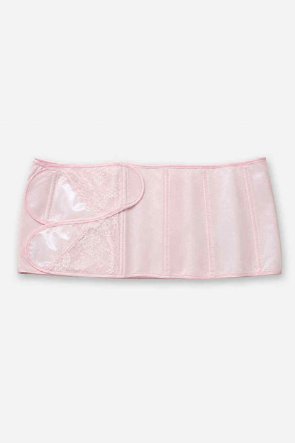 Pink satin bib apron with scalloped pocket opening and lace trim