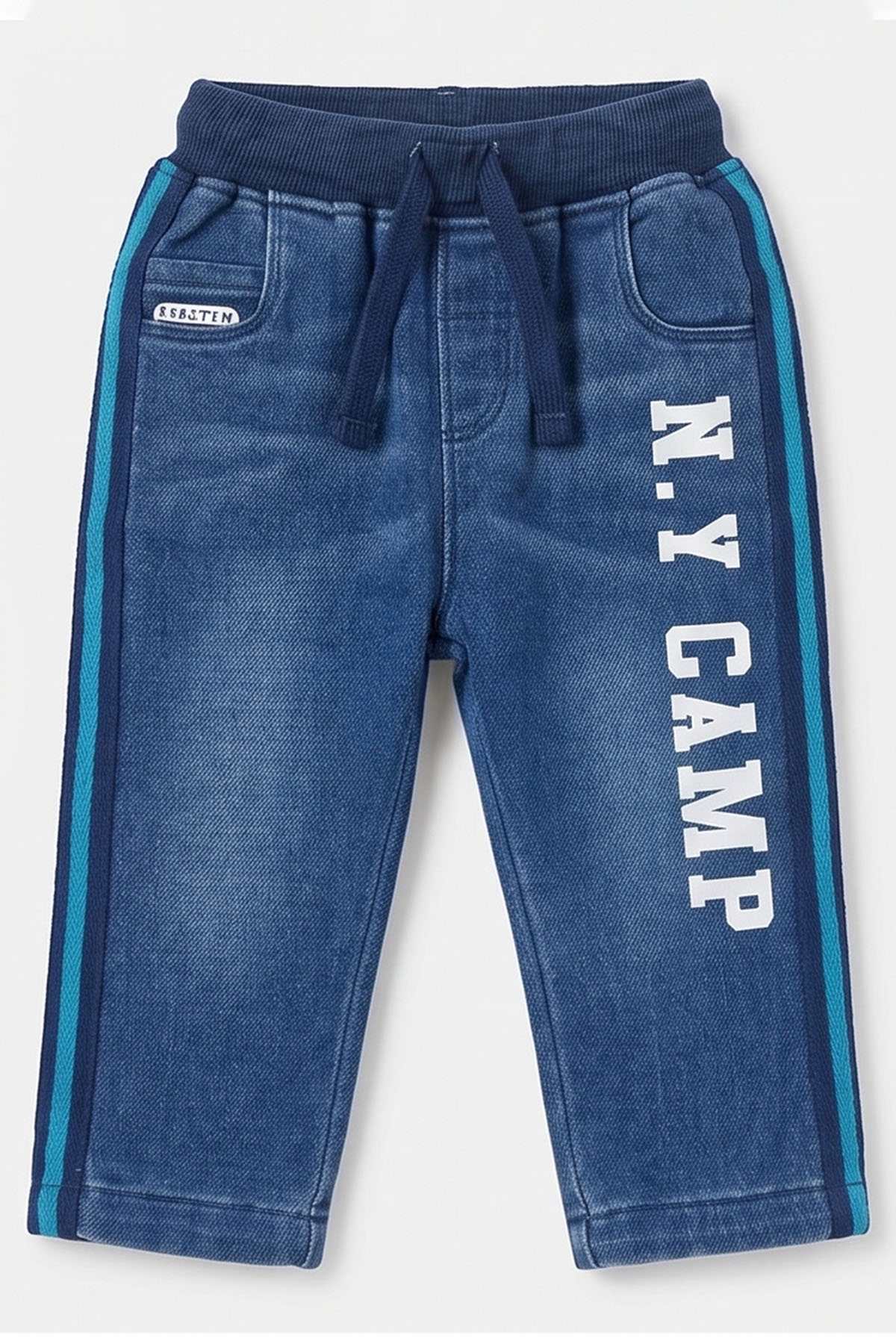 Blue denim-style jogger pants with elastic waist, drawstring, teal stripes, white text