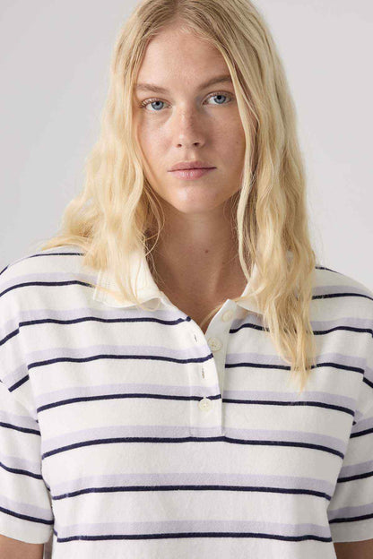 Levi's striped polo shirt close-up: white with navy stripes, button placket and collar