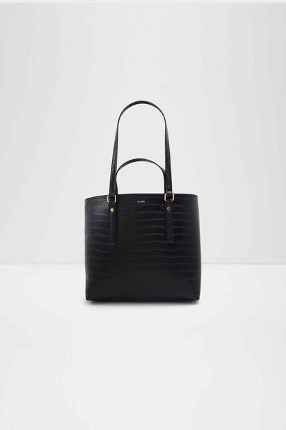 Black leather-look tote bag with top handles and gold-tone hardware