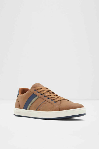 ALDO cognac low-top sneakers, front view, blue side stripe and white sole