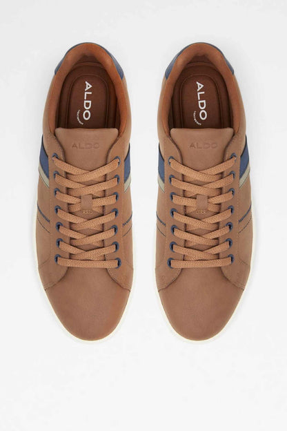 ALDO cognac sneakers with ALDO logo on tongue, blue accents and lace-up