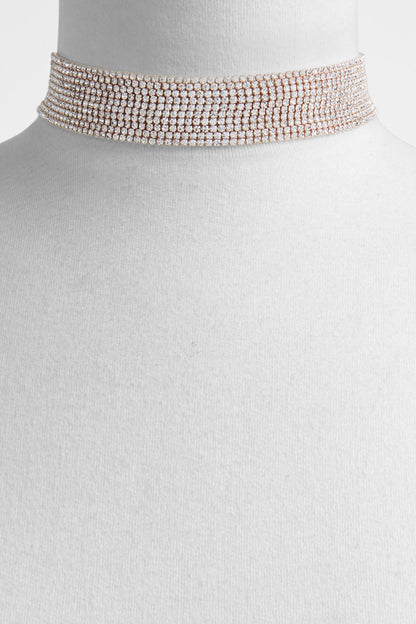 Rhinestone choker necklace, close-set multi-row rose and clear shimmer stones.