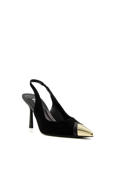 Black suede slingback stiletto heel with pointed toe and metallic cap