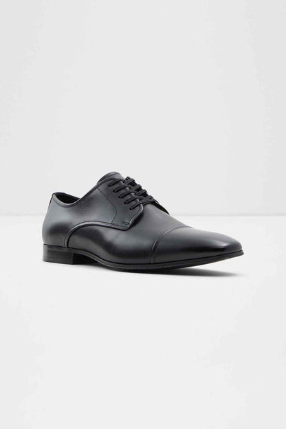 Black leather lace-up oxford shoe, front-side view, low heel