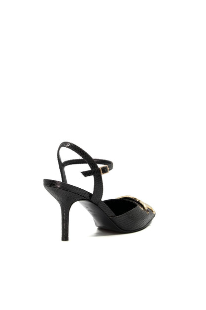 Dune London black strappy stiletto pump with gold buckle on the vamp