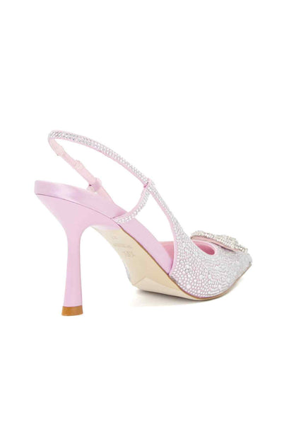 Pale pink rhinestone slingback pointed-toe heels with slender stiletto heel