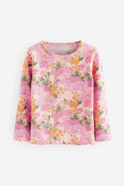 NEXT pink floral long-sleeve baby top, front view flat lay