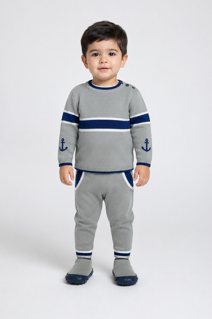 BABYSHOP grey striped knit baby top and jogger pants with anchor socks