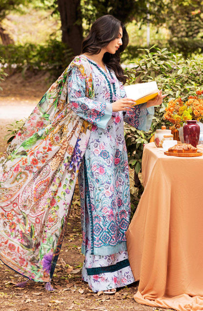 Floral printed long dress with long sleeves and matching dupatta, light grey