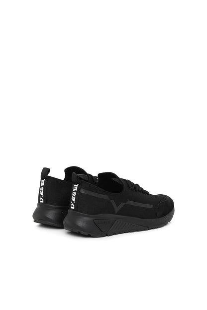 Diesel black lace-up sneakers with heel pull tab and textured rubber tread sole