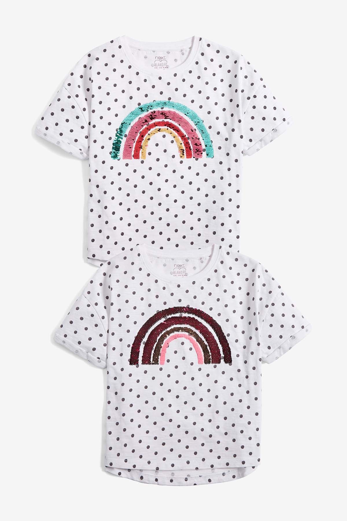 Kids' polka-dot T-shirt and matching bottom with colorful rainbow print, short sleeves
