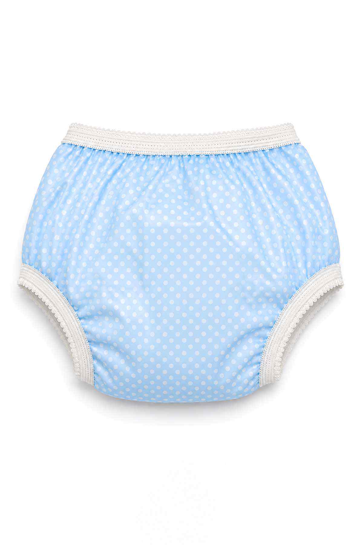Baby blue dotted underwear briefs with gathered elastic waist and white trim