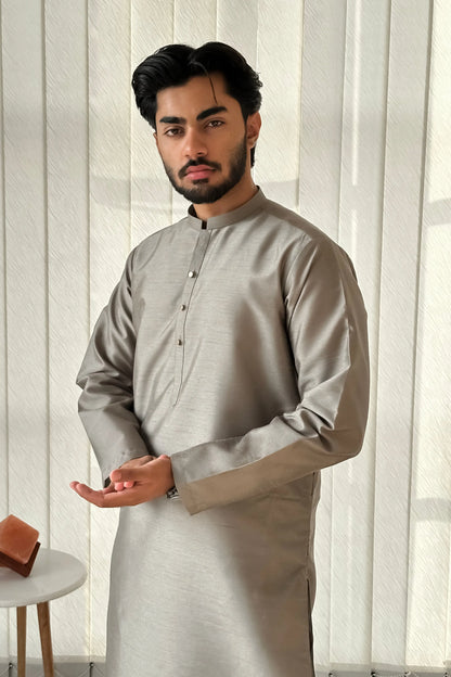 Men's long kurta in light gray-beige with stand collar, button placket, long sleeves