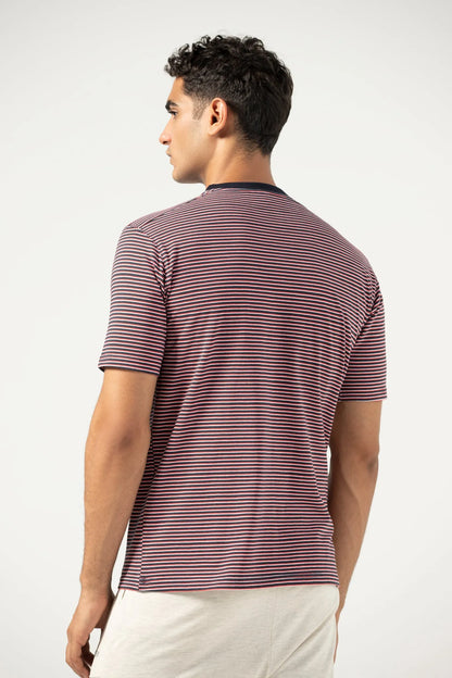 Men's striped crewneck T-shirt, maroon and navy, back view with full stripe pattern