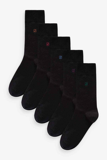 Black crew socks set, five pairs shown with colored logo markers