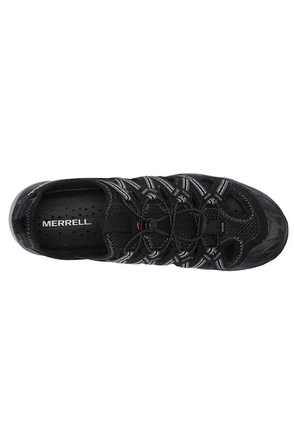 Black trail sneaker, side view showing perforated toe and MERRELL logo