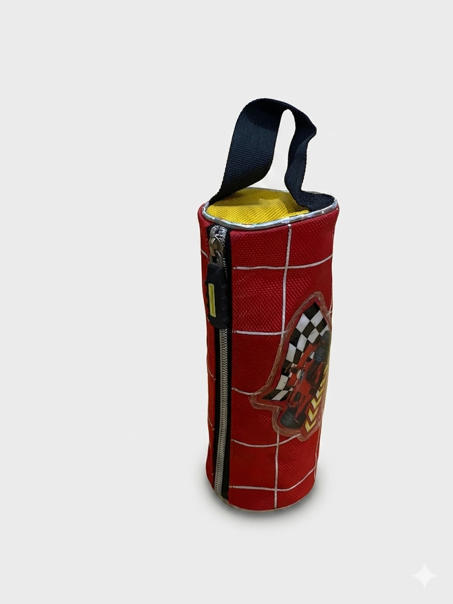 BabyShop red checkered bottle-shaped pouch with strap and yellow lining