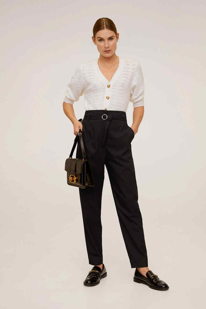 Black high-waist trousers with belt loops and front pleat, ankle length