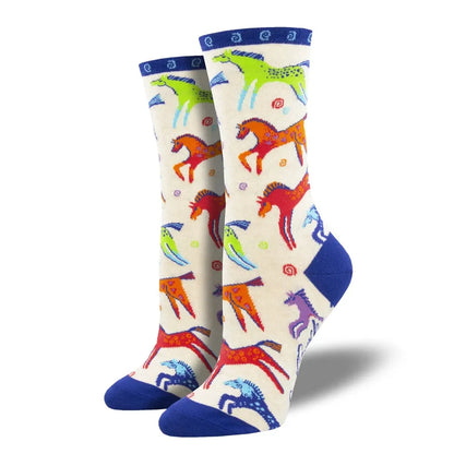 Pair of white crew socks with colorful cartoon pet pattern and blue heel/toe