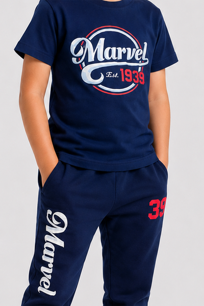 Navy Marvel logo T-shirt with '1993' print; red '39' on jogger leg