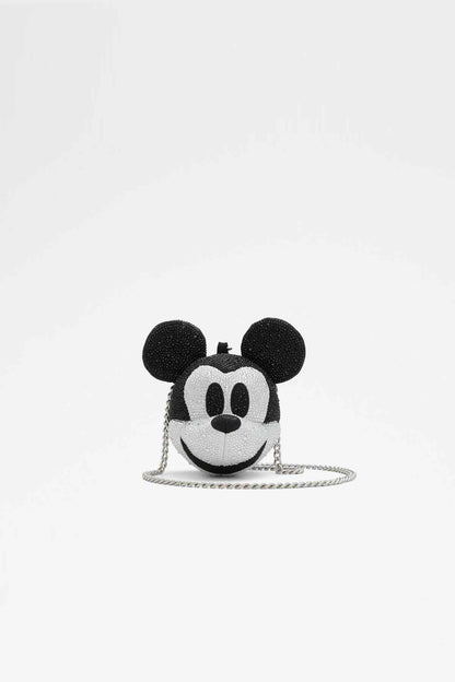 Black Mickey Mouse plush-style pouch with chain strap and zipper front