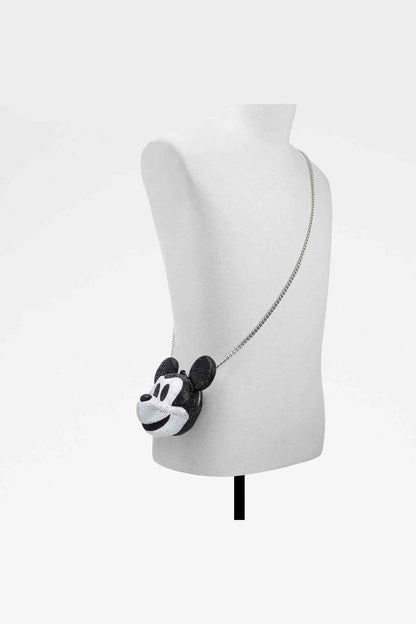 Black Mickey Mouse mini bag with silver chain strap on display mannequin