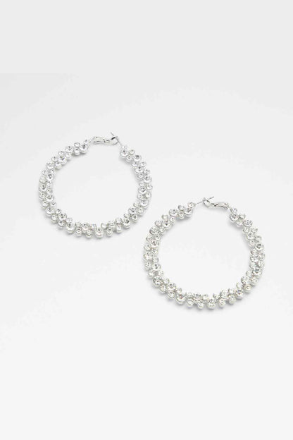 Rhinestone hoop earrings with clear stones, silver-tone, linked circle design