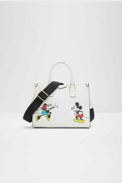 ALDO white tote bag with Mickey and Minnie print, black strap and top handles