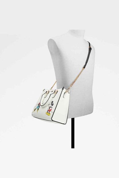 ALDO white tote bag with character print, black strap with gold chain detail