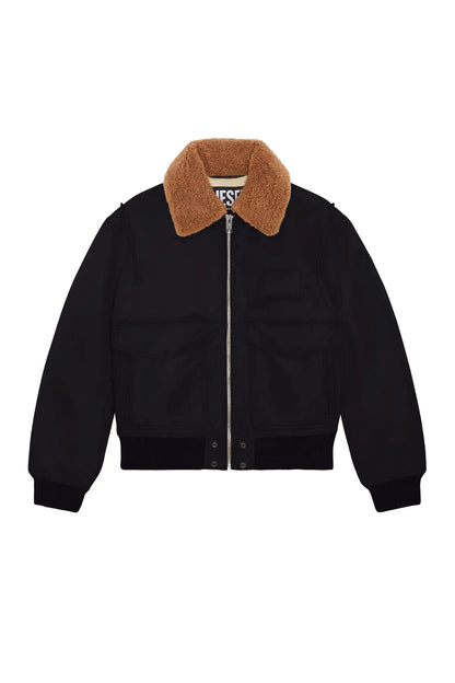Men's black bomber jacket with tan shearling-style collar, front zip and pockets