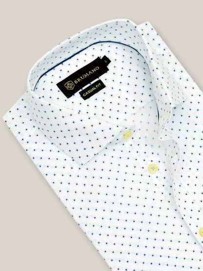 Men's white cotton dress shirt with blue dot pattern, curved hem and buttons