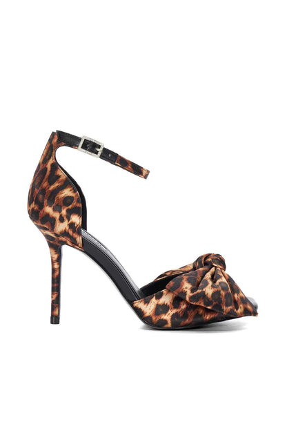 Leopard print heeled sandal with ankle strap, twisted bow at front, stiletto heel