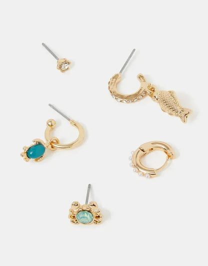 Gold-tone earring set with crystal studs, turquoise drop hoops, and dangle styles
