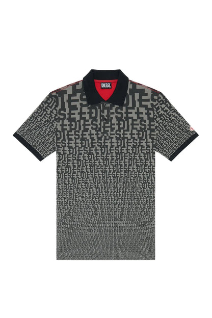 Patterned short-sleeve polo shirt, black collar, red logo at side seam