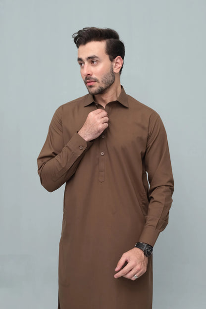 Men's brown long kurta with button placket and stand collar, close-up