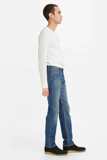 Blue straight-leg jeans, side view, with belt loops