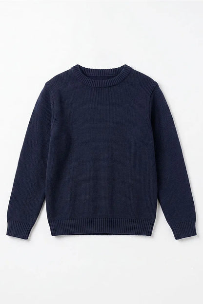 Navy kids knit sweater with crew neck and ribbed cuffs