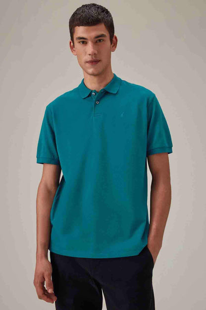 Men's teal blue polo shirt with button placket, collar, and short sleeves