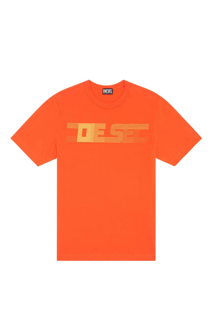 Orange crew-neck T-shirt with short sleeves and large logo print on front