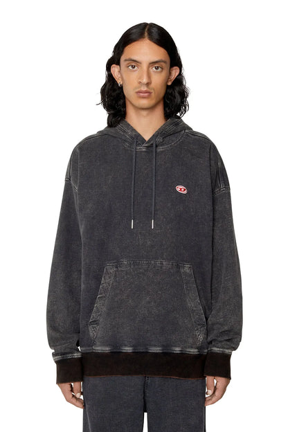 Dark grey Diesel pullover hoodie with hood, drawstrings, and chest logo patch